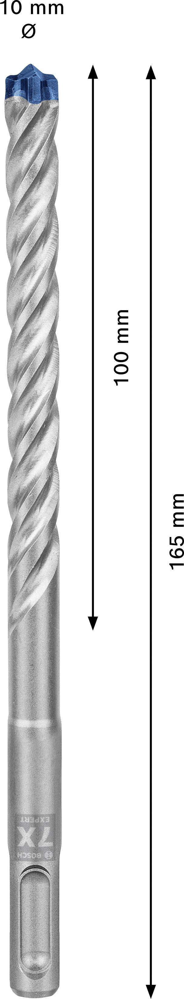'Bohraufsatz mit 10 mm Durchmesser und 165 mm Länge. Nutzbare Bohrlänge beträgt 100 mm. Spiraldesign und metallische Farbe.'