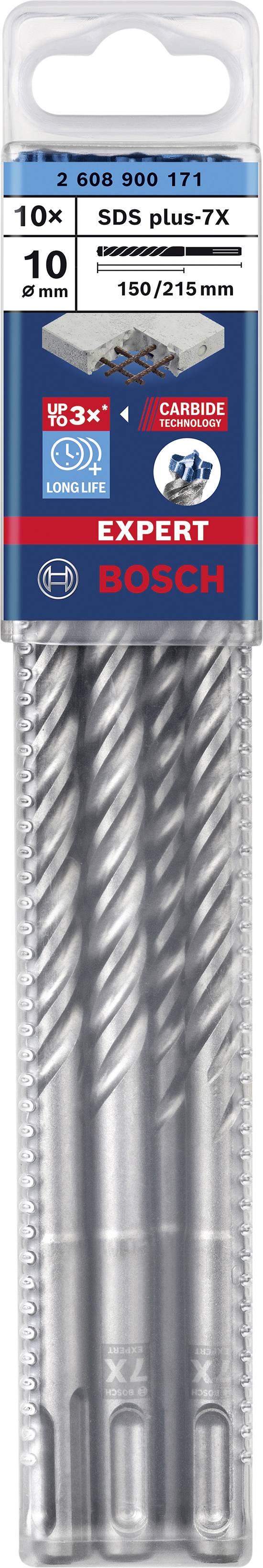 Verpackung mit 10 SDS plus-7X Bohrern von Bosch, 150/215 mm, für Beton und Ziegelmauerwerk, geeignet für professionelle Anwendungen.
