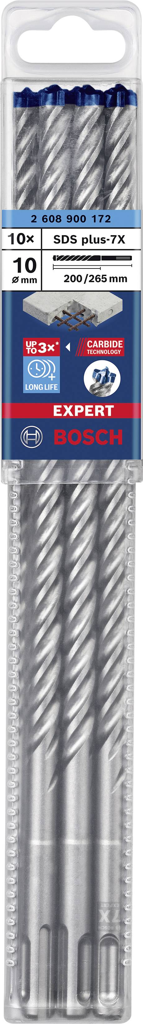 Verpackung mit drei Bosch SDS plus-7X Bohrern, Größe 10x260 mm, geeignet für Betonarbeiten.