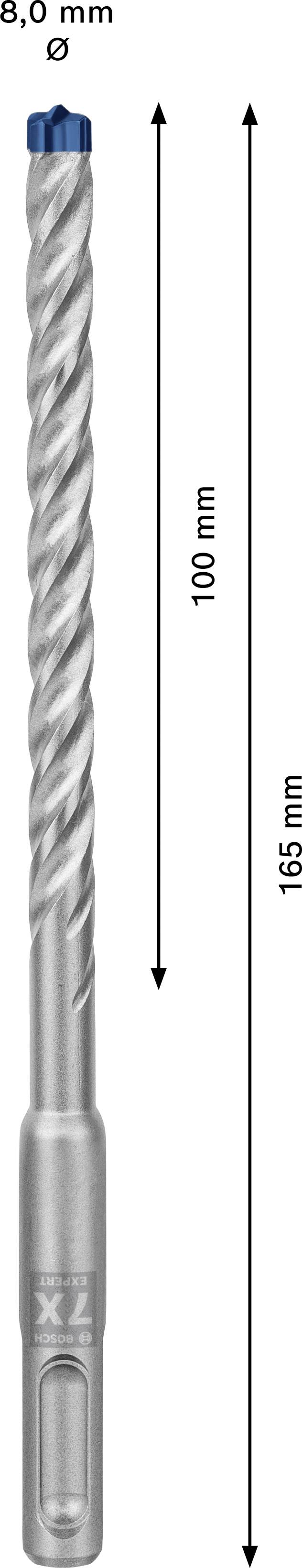 'Metallbohrer, Gesamtlänge 165 mm, Arbeitslänge 100 mm, Durchmesser 8 mm. Silberner Körper mit blauem Kopf, rechts Pfeile zur Maßangabe.'