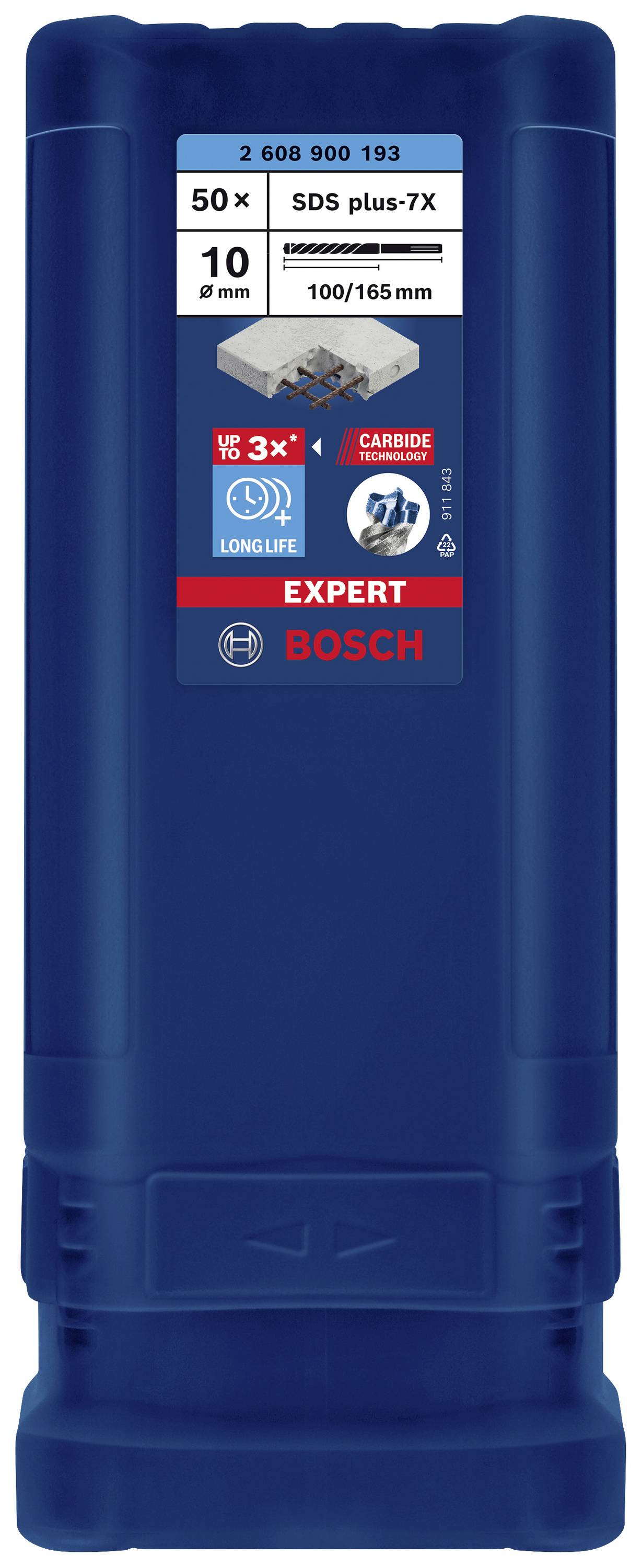 Blaue Verpackung mit der Aufschrift 'Bosch Expert SDS plus-7X', enthält 50 Bohrer von 10 mm Durchmesser, Länge 100/165 mm.