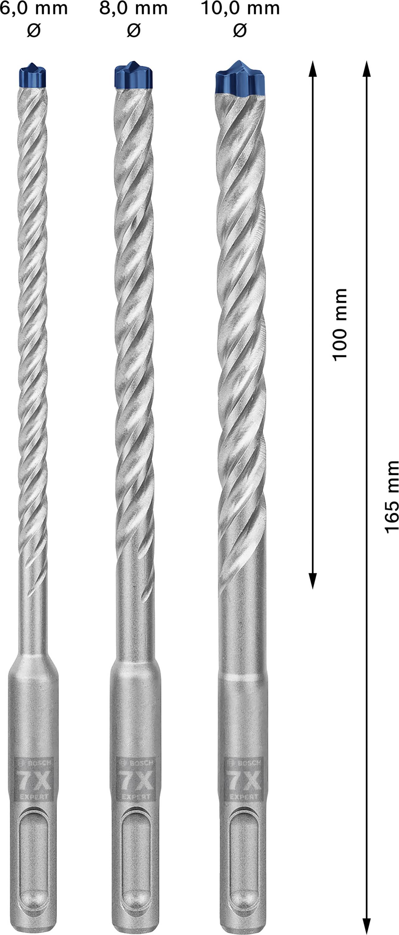 'Drei Bohrer in den Größen 6,0 mm, 8,0 mm und 10,0 mm. Längenbeschriftung zeigt 100 mm und 165 mm. Geeignet für Betonbohrungen.'