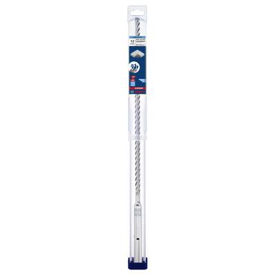 Blaue und weiße Verpackung eines Bosch SDS-plus-5 Bohrers. Geeignet für Mauerwerk und Beton. Enthält Produkt- und Größenspezifikationen.