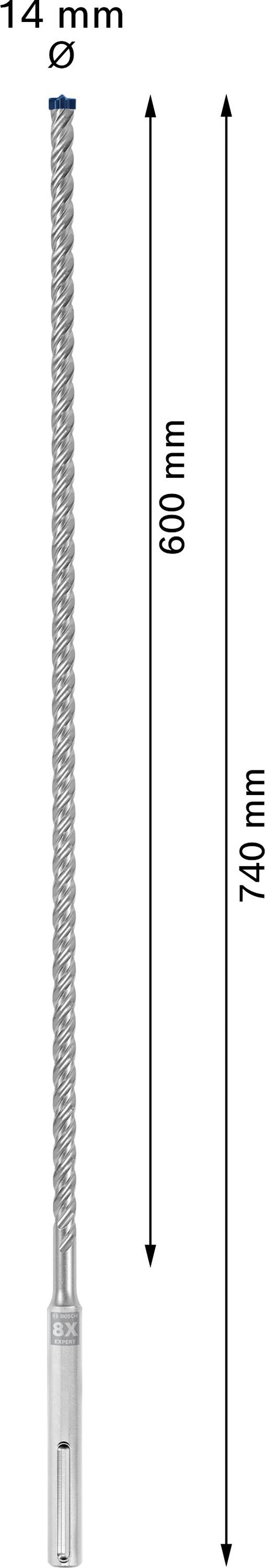 Bohrer mit einem Durchmesser von 14 mm und einer Länge von 740 mm, davon 600 mm nutzbare Länge.
