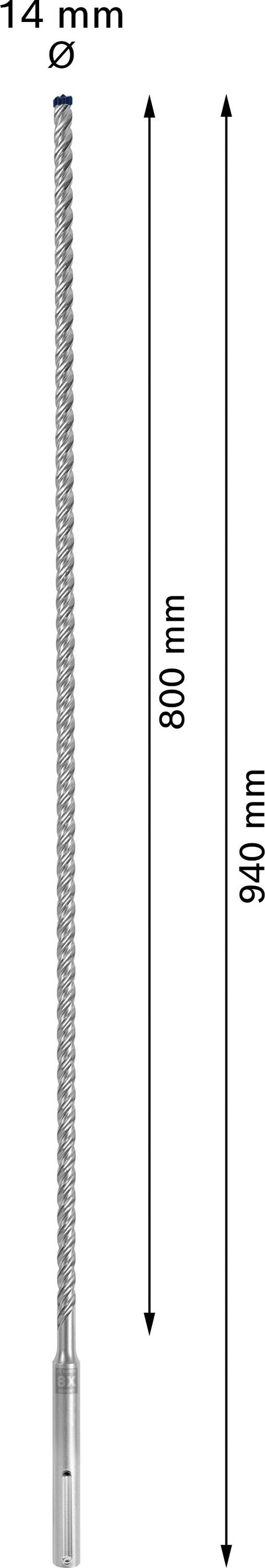'Langer Bohrer mit einem Durchmesser von 14 mm. Gesamtlänge 940 mm, Spiralbereich 800 mm.'
