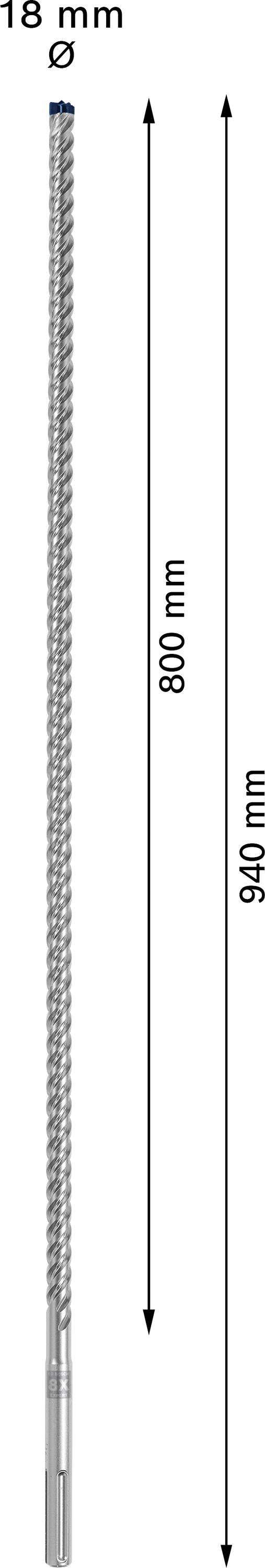 Bohrerschaft, Länge 940 mm, Durchmesser 18 mm, effektive Arbeitslänge 800 mm.