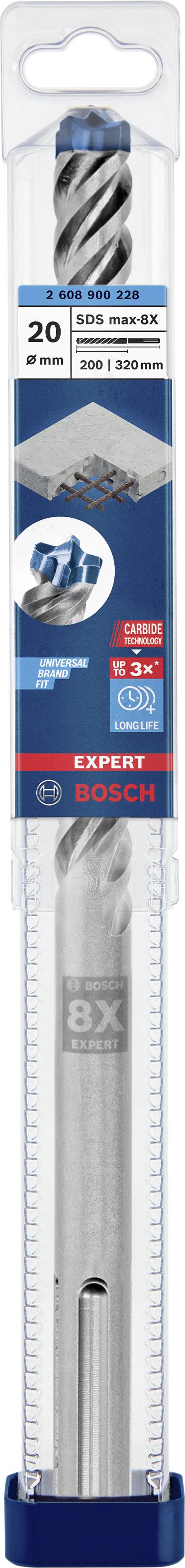 Eine Packung mit zwei Bosch SDS plus-7X Bohrern, geeignet für Bohren in Beton. Verpackung gibt Details zur Größe und Spezifikationen an.