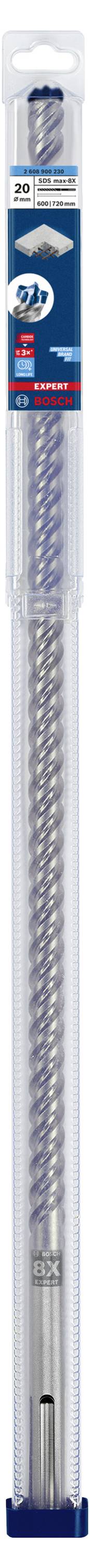 Ein Bohrer in einer durchsichtigen Kunststoffverpackung mit blauem Etikett. Der Bohrer ist für Beton geeignet und zeigt ein spiraliges Design.