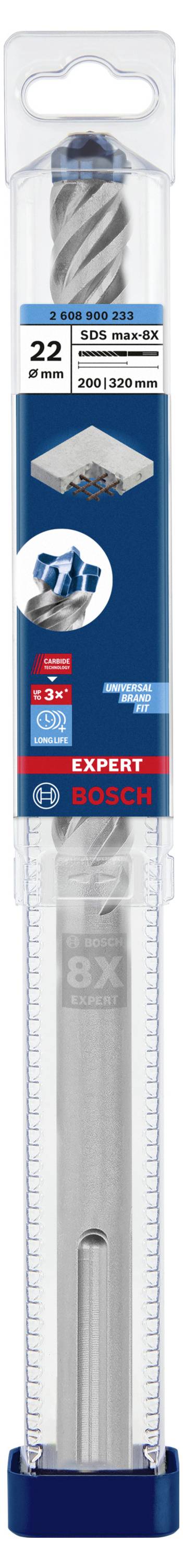 Bohrer-Set-Verpackung von Bosch, zeigt zwei Bohrer und ist für Metall, Holz und Kunststoff geeignet. Länge: 117 mm, Durchmesser: 22 mm.