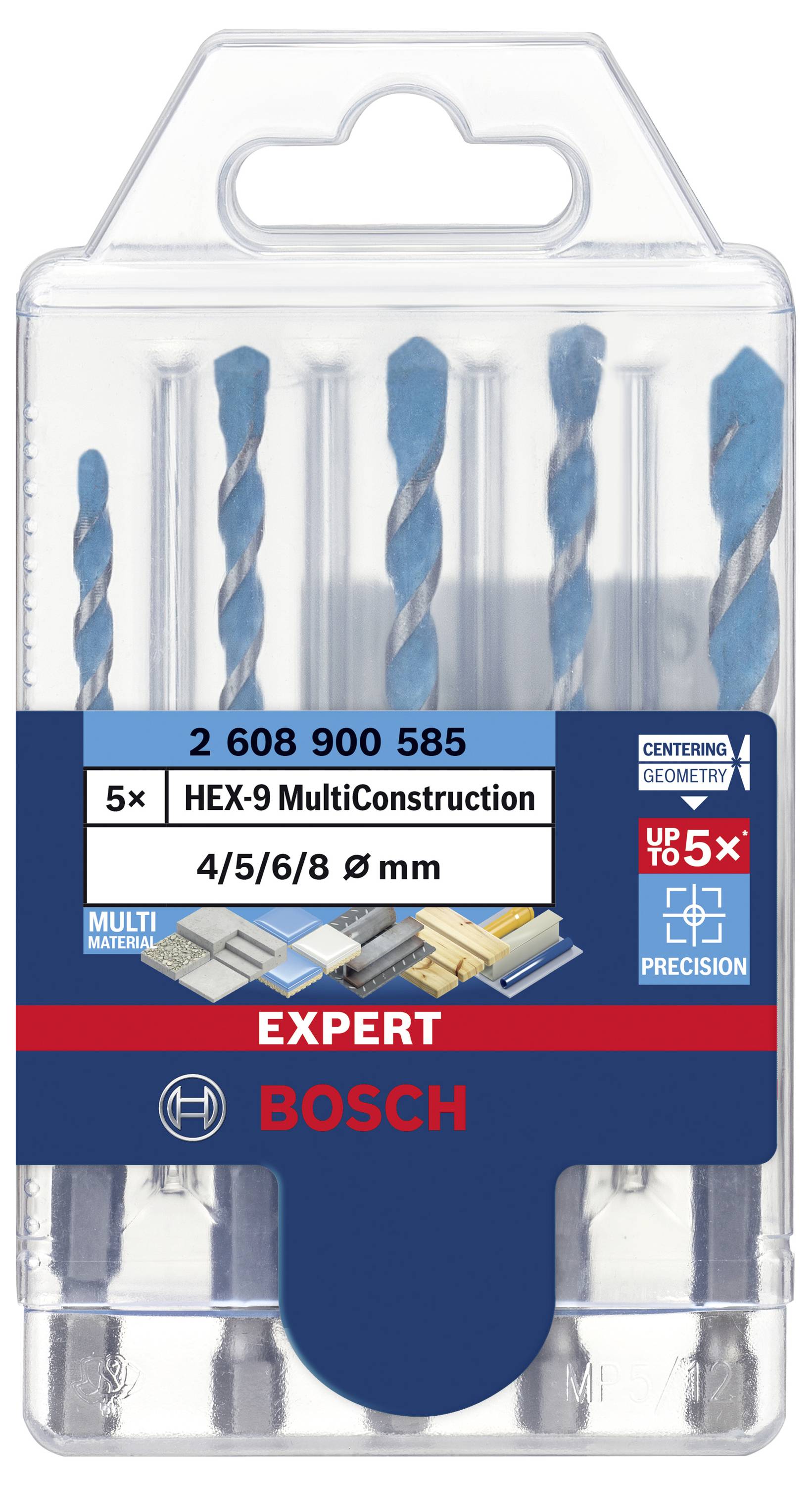 Packung mit 5 Bosch HEX-9 MultiConstruction Bohrern, Größe 4/5/6/8/9 mm, geeignet für verschiedene Materialien, präzises Bohren.
