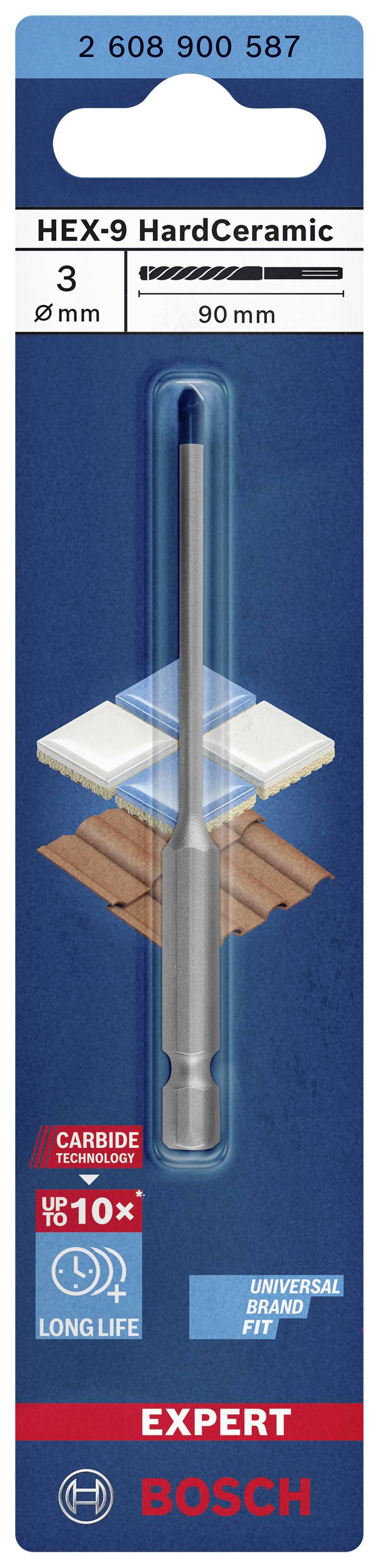 'Bosch HEX-9 HardCeramic Bohrer, 3 mm Durchmesser, 90 mm Länge, für Keramik geeignet, hohe Langlebigkeit und universelle Passform.'
