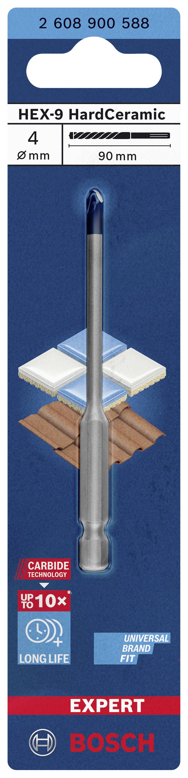 'Bosch HEX-9 Hartkeramikbohrer, 4 mm Durchmesser, 90 mm Länge, geeignet für Keramik und Steinzeug. Langlebig und universell einsetzbar.'