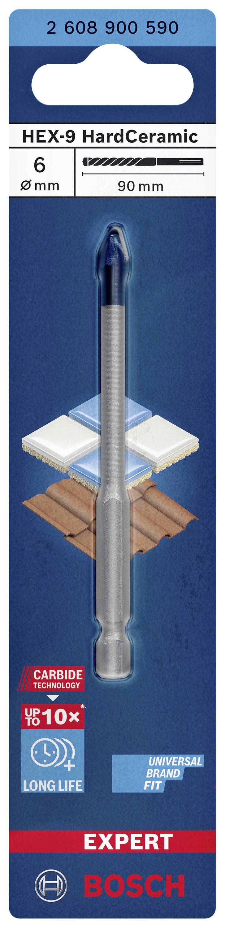 'Bosch HEX-9 HardCeramic Bohrer, 6 mm Durchmesser, 90 mm Länge. Geeignet für Fliesen, mit Langlebigkeit und universeller Passform.'