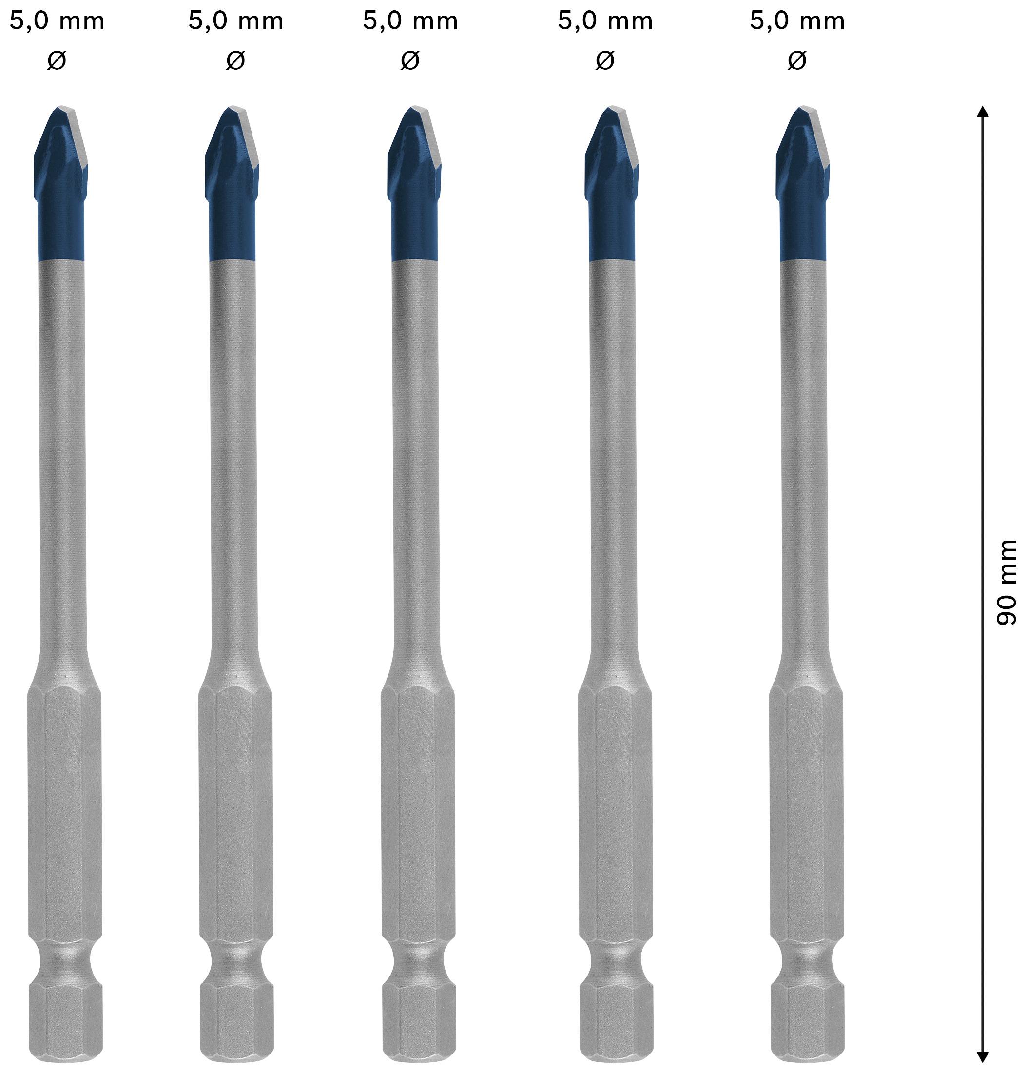 Fünf identische Bohrer, Ø 5,0 mm und 90 mm lang, nebeneinander. Sie haben blaue Spitzen und silberne Schäfte.