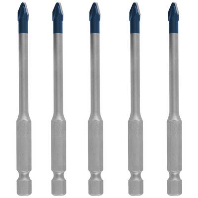 Fünf silber-blaue Sechskantbits mit blauer Spitze stehen in einer Reihe. Sie dienen dem Eindrehen von Schrauben und Bohren.