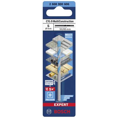 Verpackung für einen Bosch CYL-9 MultiConstruction Bohrer, 5 mm Durchmesser, für verschiedene Materialien, präzise und universell passend.