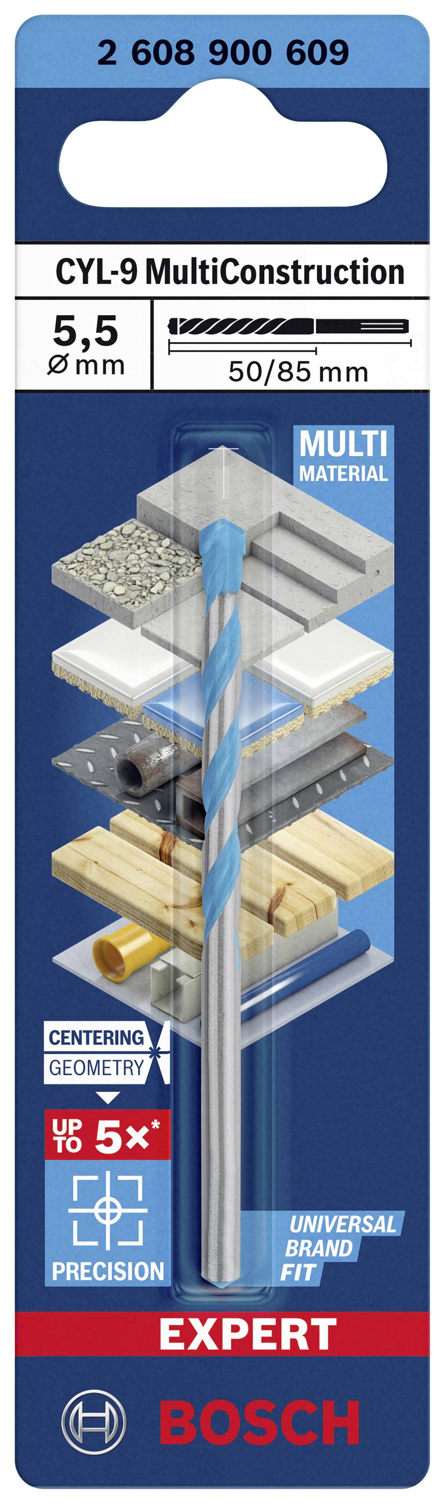 'Bohrer von Bosch mit 5,5-mm-Durchmesser, geeignet für MultiMaterial wie Mauerwerk, Holz und Fliesen. Verpackung zeigt Anwendungsmöglichkeiten.'