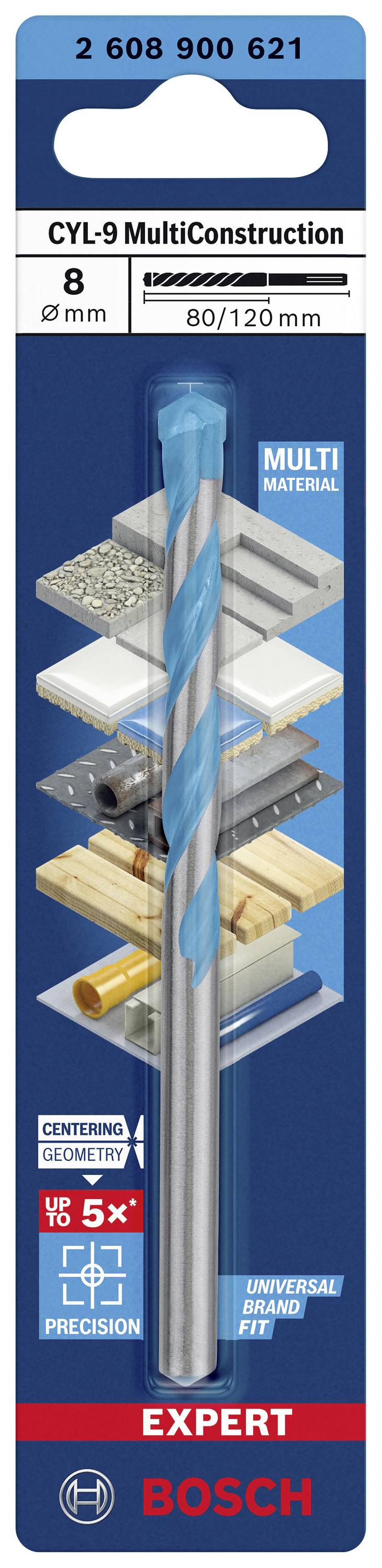 'Bosch CYL-9 MultiConstruction Bohrer', geeignet für 8 mm Löcher mit 80/120 mm Länge. Ideal für verschiedene Materialien. Verpackung zeigt Einsatzzwecke.