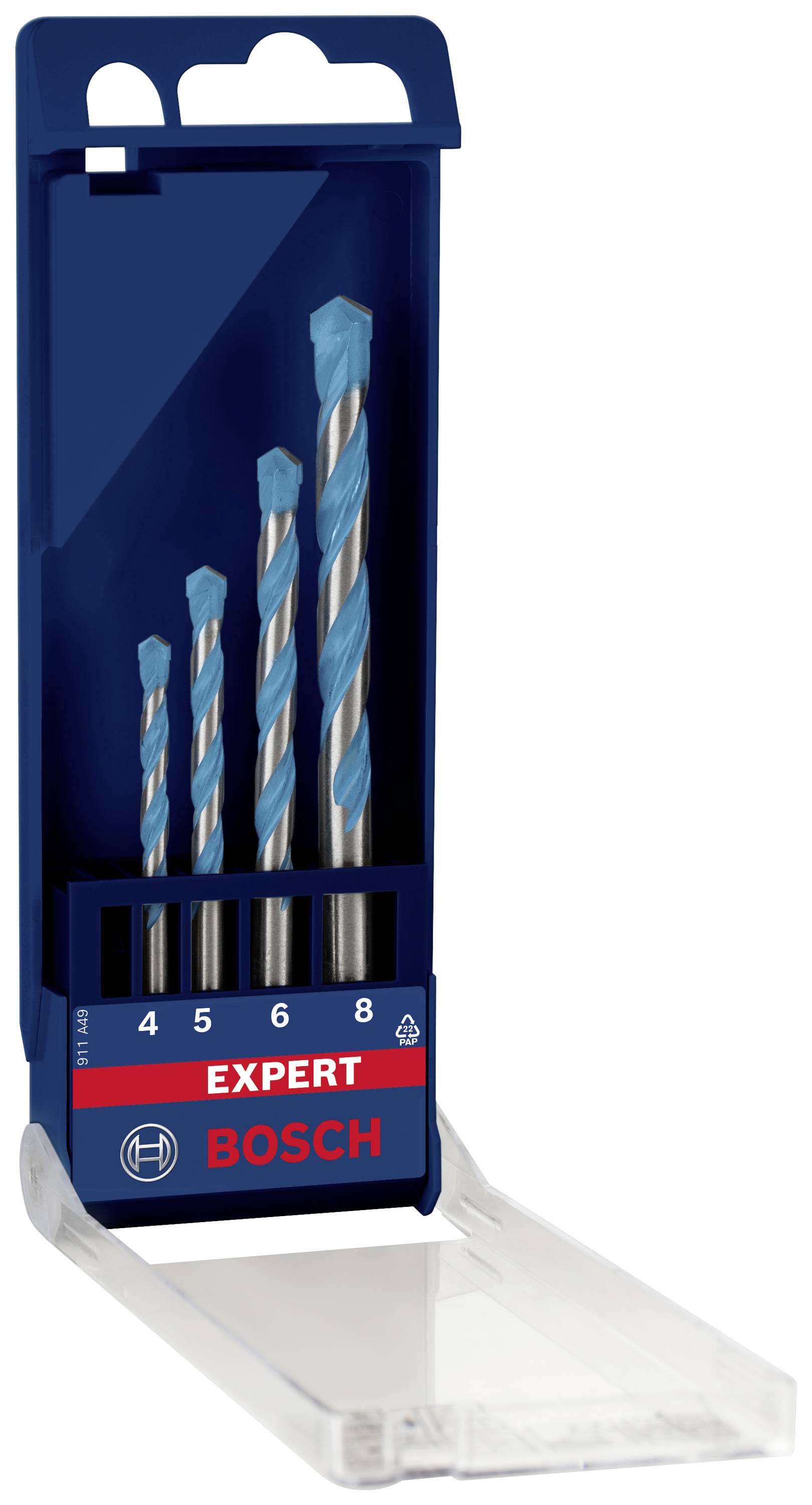 'Bohrerset von Bosch mit vier Spiralbohrern in verschiedenen Größen, in einer blauen Verpackung mit durchsichtigem Deckel.'