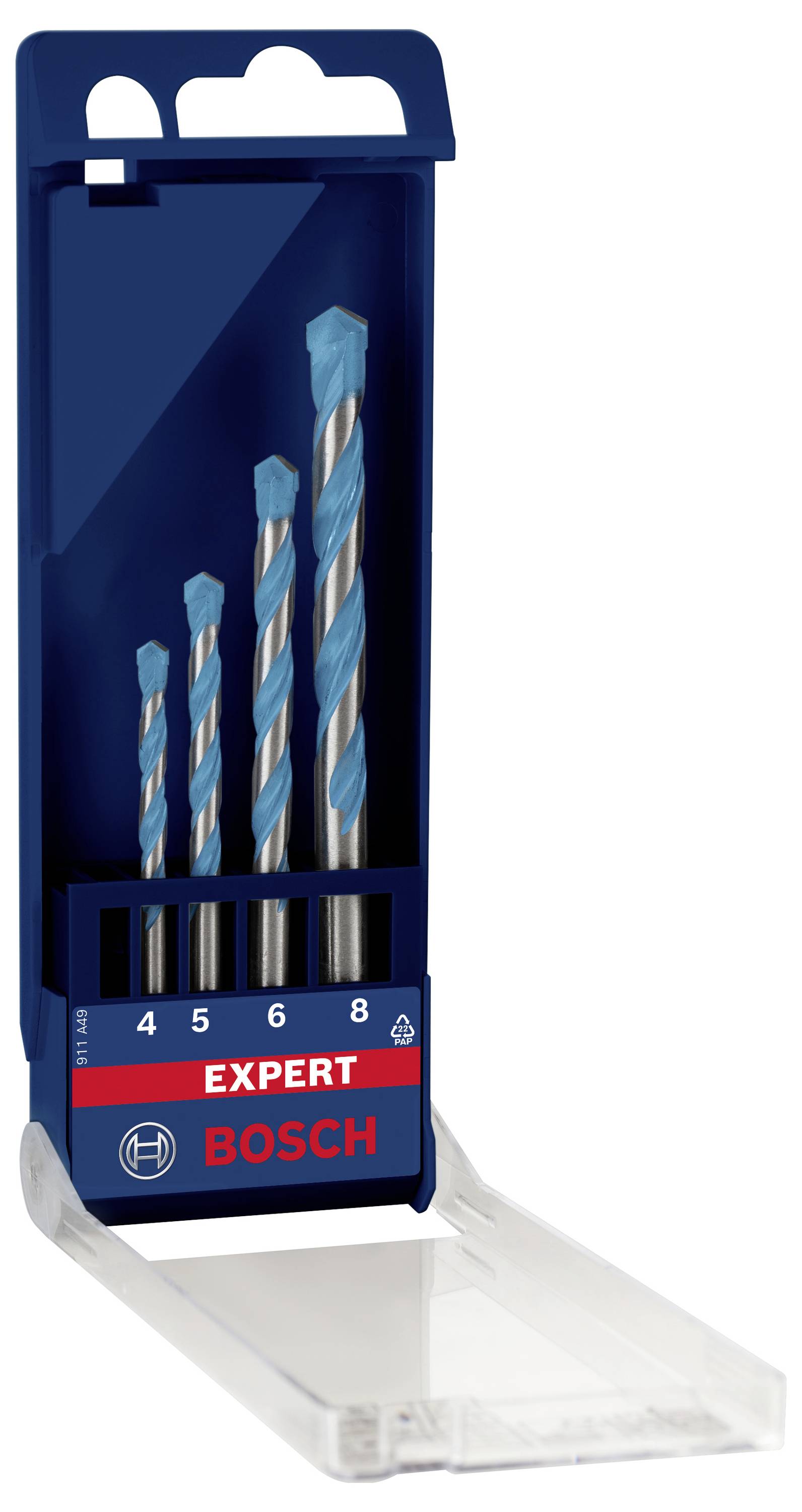 'Bosch Expert'-Set mit vier Bohrern in verschiedenen Größen (4, 5, 6, 8 mm). Verpackt in einer blauen, geöffneten Kunststoffbox.
