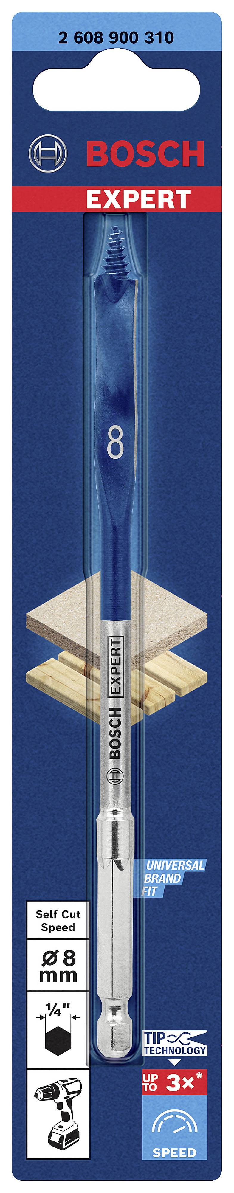 Bohrer der Marke Bosch Expert, Durchmesser 8 mm, geeignet für Holz, Metall und Kunststoff. Verpackung zeigt Logo und Anwendungsbeispiele.