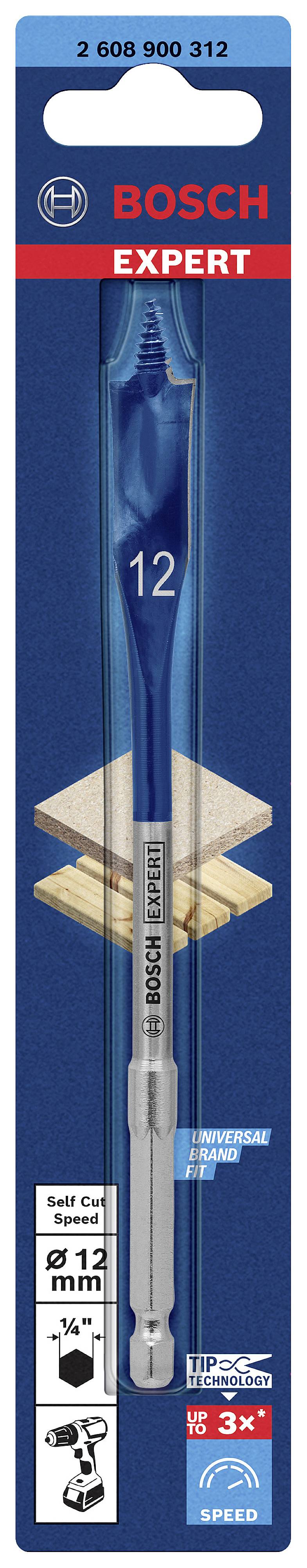'Bosch Expert'-Akkuschrauberbohrer, 12 mm, Holzbohren, verpackt. Markierungen: 'Speed', 'Dura'. Geeignet für elektrische Werkzeuge.