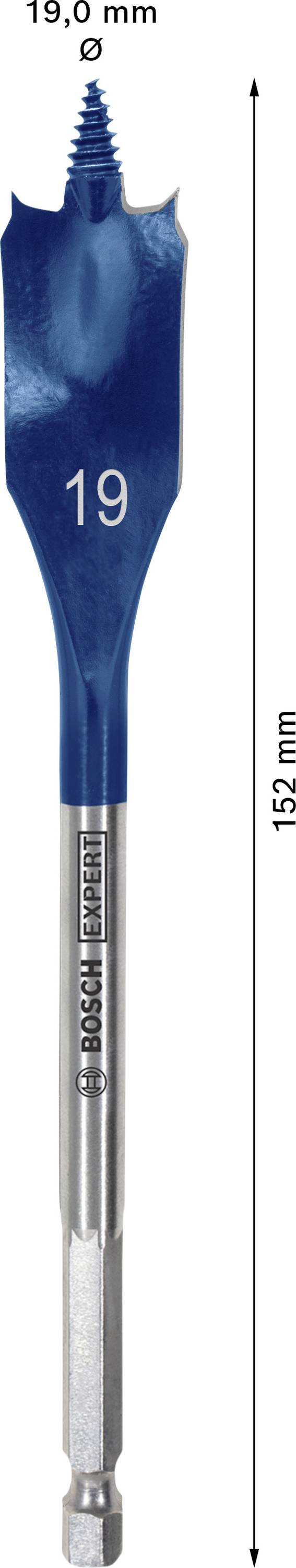 Bohrer mit Flachfräsbohrer 19 mm Durchmesser, 152 mm Länge, geeignet für Holz. Markiert mit 'Bosch' und '19'.