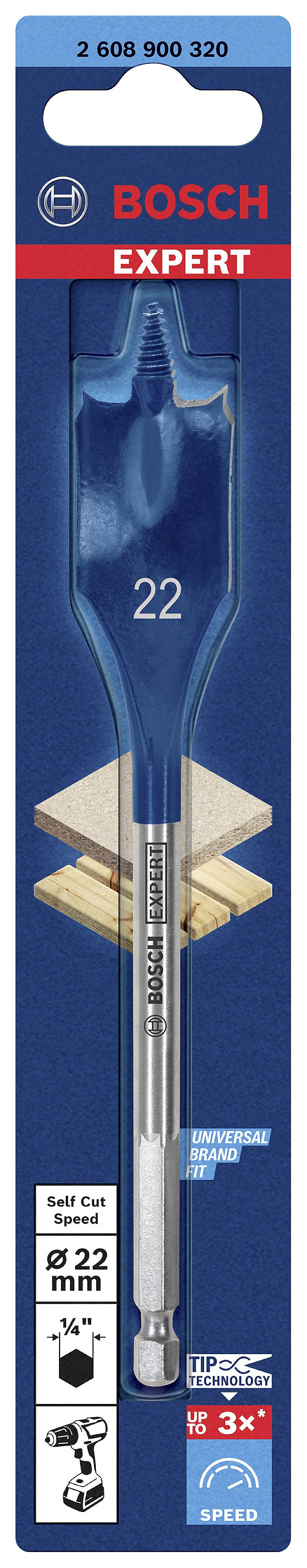 Abbildung einer 'Bosch Expert' Flachfräsbohrer-Verpackung, 22 mm Bohrerdurchmesser, geeignet für Holz. Enthält Produktabbildung und Logos.