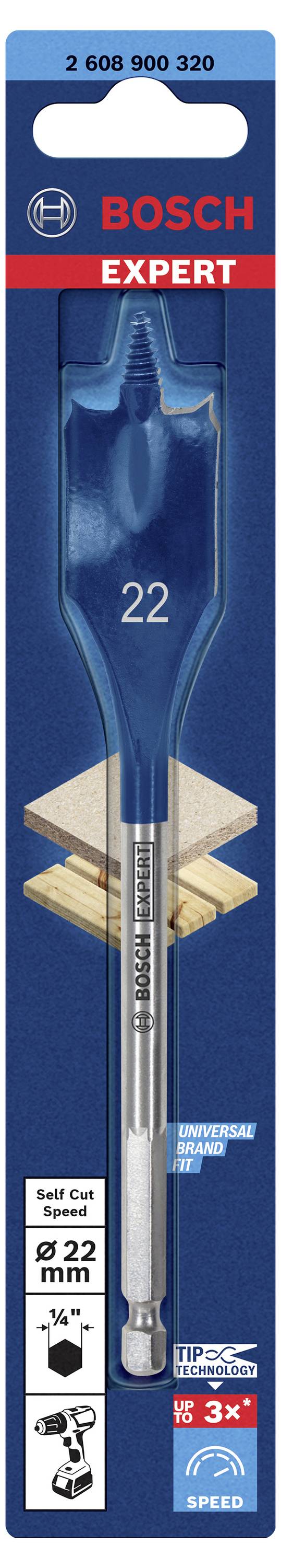 Flachfräsbohrer von Bosch Expert mit 22 mm Durchmesser für Holz, auf einer blauen Verpackung. Geeignet für hohe Drehzahl und präzises Bohren.