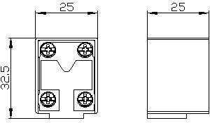 Technische Zeichnung eines rechteckigen Bauteils mit Maßen 25x32,5 mm. Vorderansicht zeigt Schraubenlöcher, Seitenansicht flach.