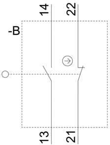 'Schematische Darstellung eines elektrischen Schalters mit den Anschlüssen 13, 14, 21, 22 und B; Pfeil zeigt Schaltstellung an.'