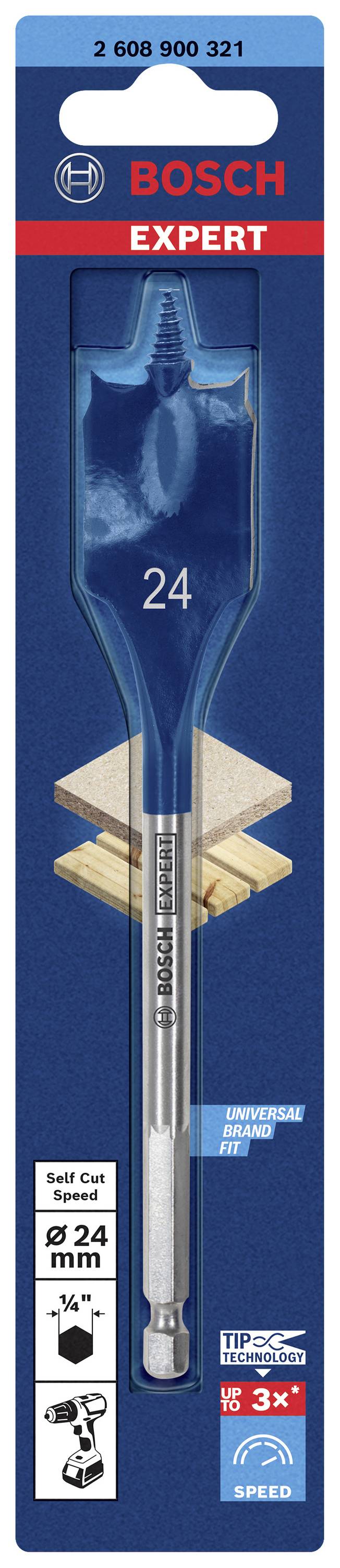 'Bosch Expert' Flachfräsbohrer, Durchmesser 24 mm, für Holz. Bild zeigt Verpackung mit Bohrer in Blau, Pfeil markiert '3x Speed'.