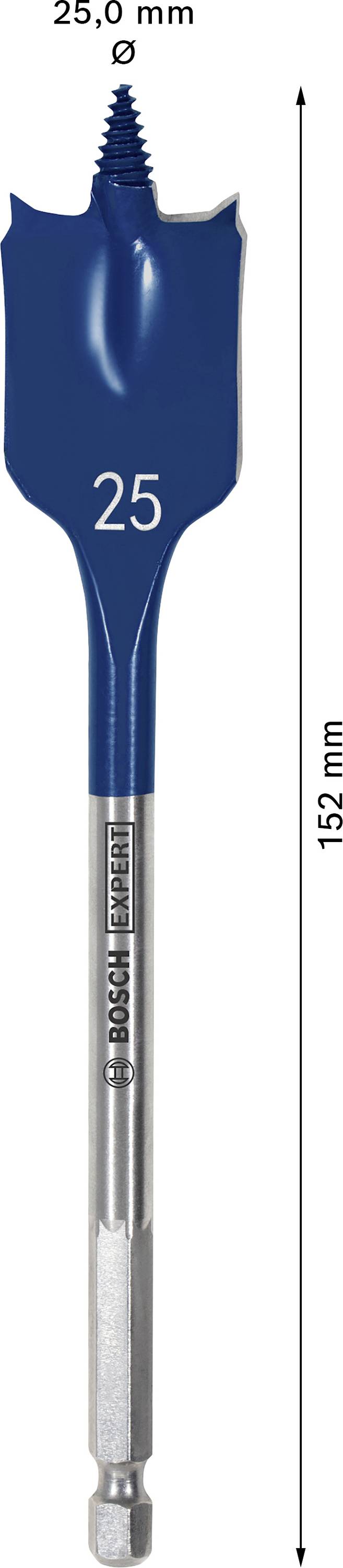 Bohrer mit einer Länge von 152 mm und einem Durchmesser von 25 mm. Der Bohrer ist blau und hat eine spatenförmige Spitze.