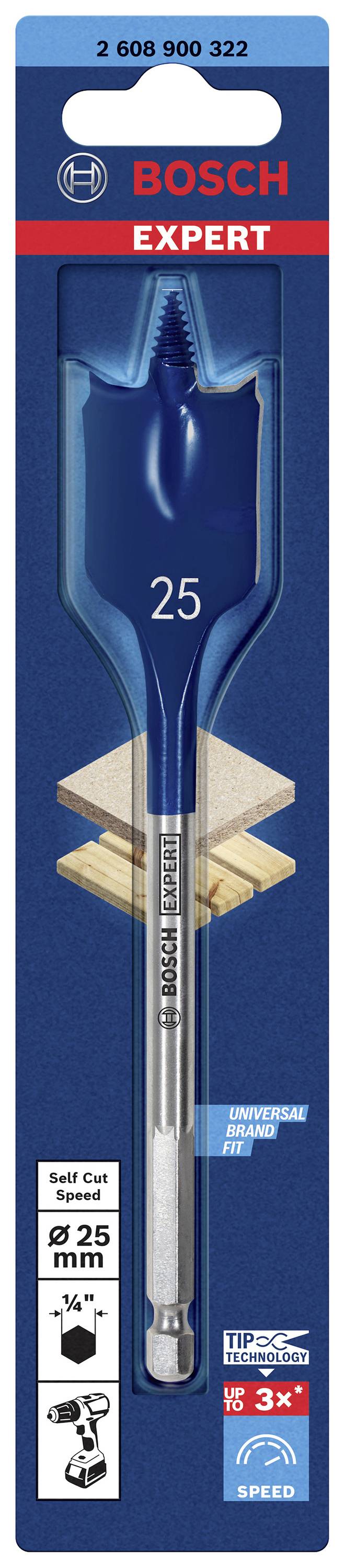 'Bosch Expert' Flachfräsbohrer mit Ø 25 mm. Inklusive Verpackung. Geeignet für Hartholz. HEX-Schaft, hohe Geschwindigkeit.