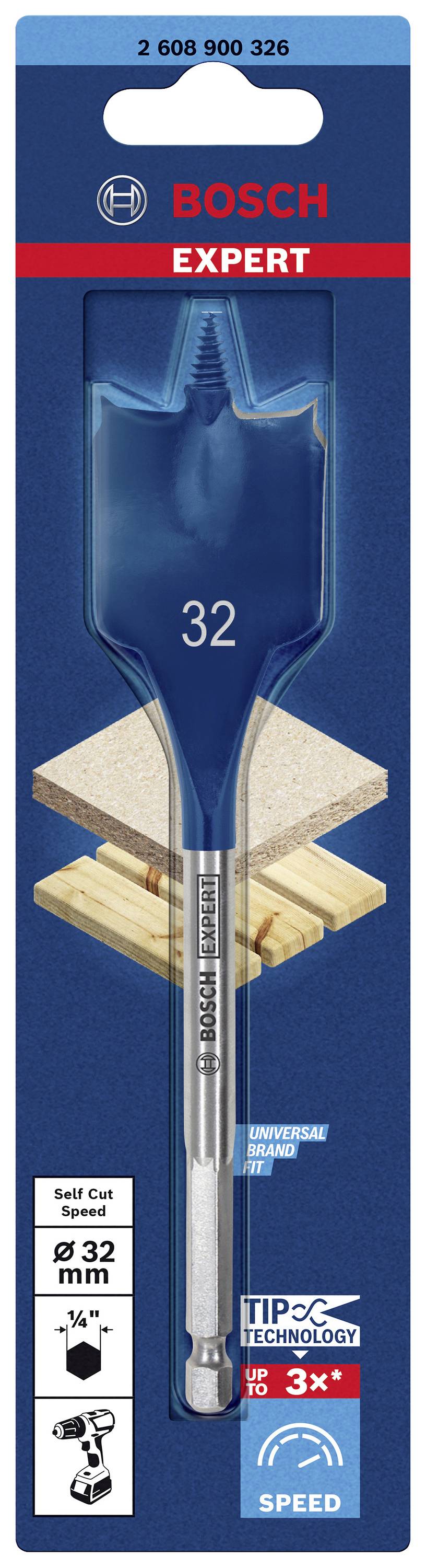 Verpackung eines Bosch Expert Flachfräsbohrers mit 32 mm Durchmesser, geeignet für Holzarbeiten mit erhöhter Geschwindigkeit und Präzision.