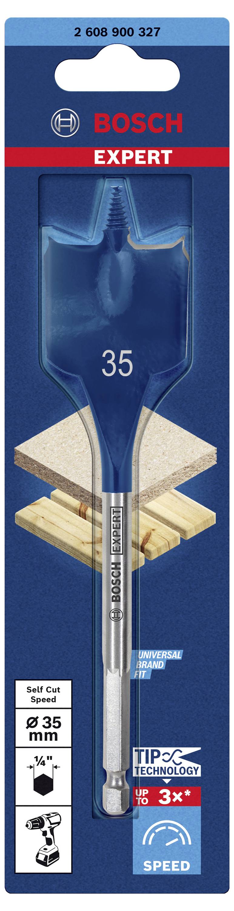 'Bosch Expert'-Spatbohrer, Ø 35 mm, im Blisterpack. Geeignet für Holz. Abgebildet sind Bohrer und Holzstücke, hergestellt mit 'Tip Technology'.