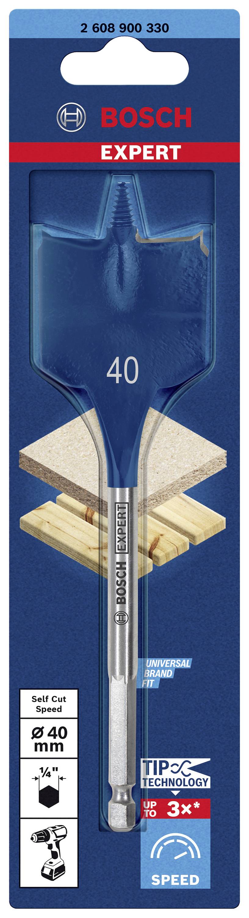Spatenbohrer der Marke Bosch mit 40 mm Durchmesser, geeignet für Holz. Verpackung zeigt 'TIP TECHNOLOGY' für 3-fache Geschwindigkeit.