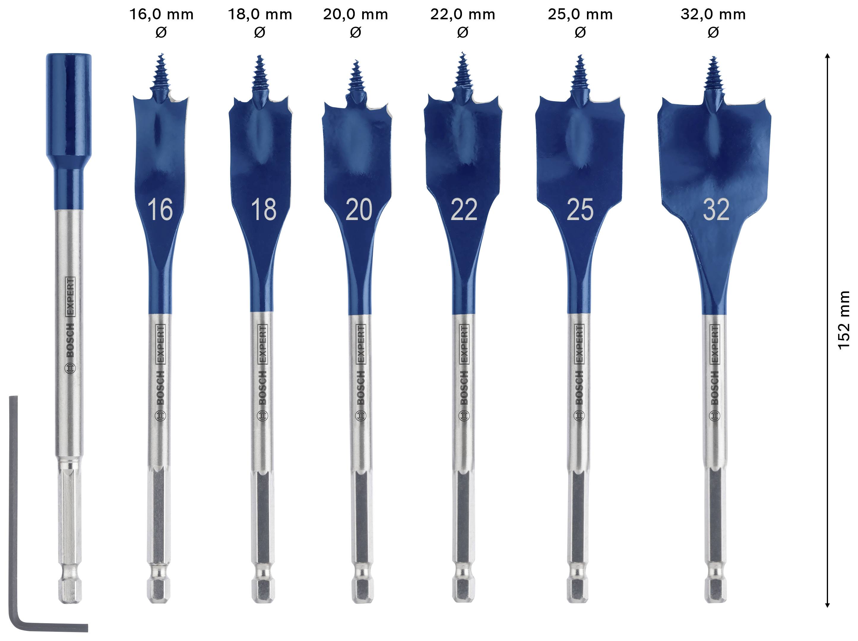 'Satz von sieben blauen Holzbohrern, Größen von 16 mm bis 32 mm, nebeneinander angeordnet. Links ein Sechskant-Schaftadapter.'
