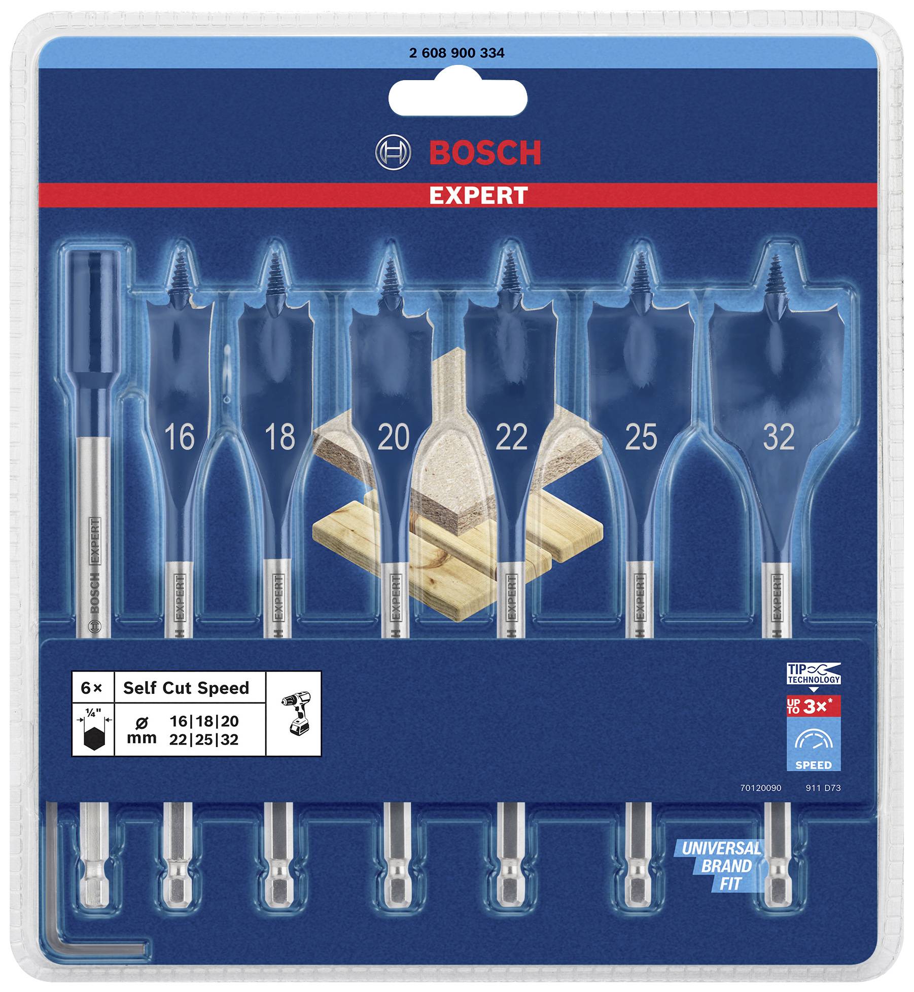 Bosch Flachfräsbohrer-Set, 6-teilig, Größen: 16, 18, 20, 22, 25, 32 mm, geeignet für Holzverarbeitung.
