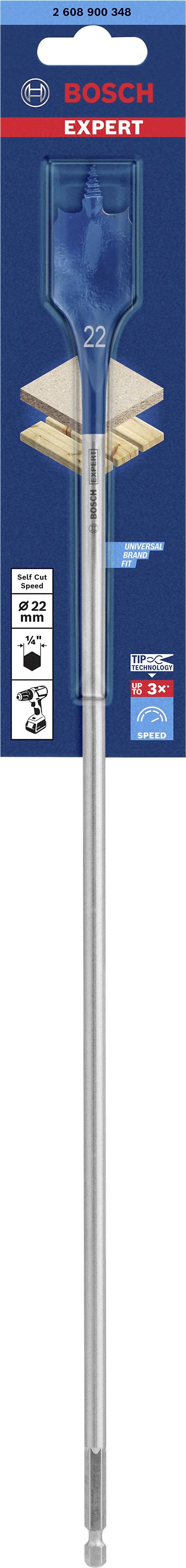 Langbohrer von Bosch Expert für Holz, Größe 14x400 mm, abgebildet in einer blauen Verpackung mit illustrativer Darstellung und Markenlogo.