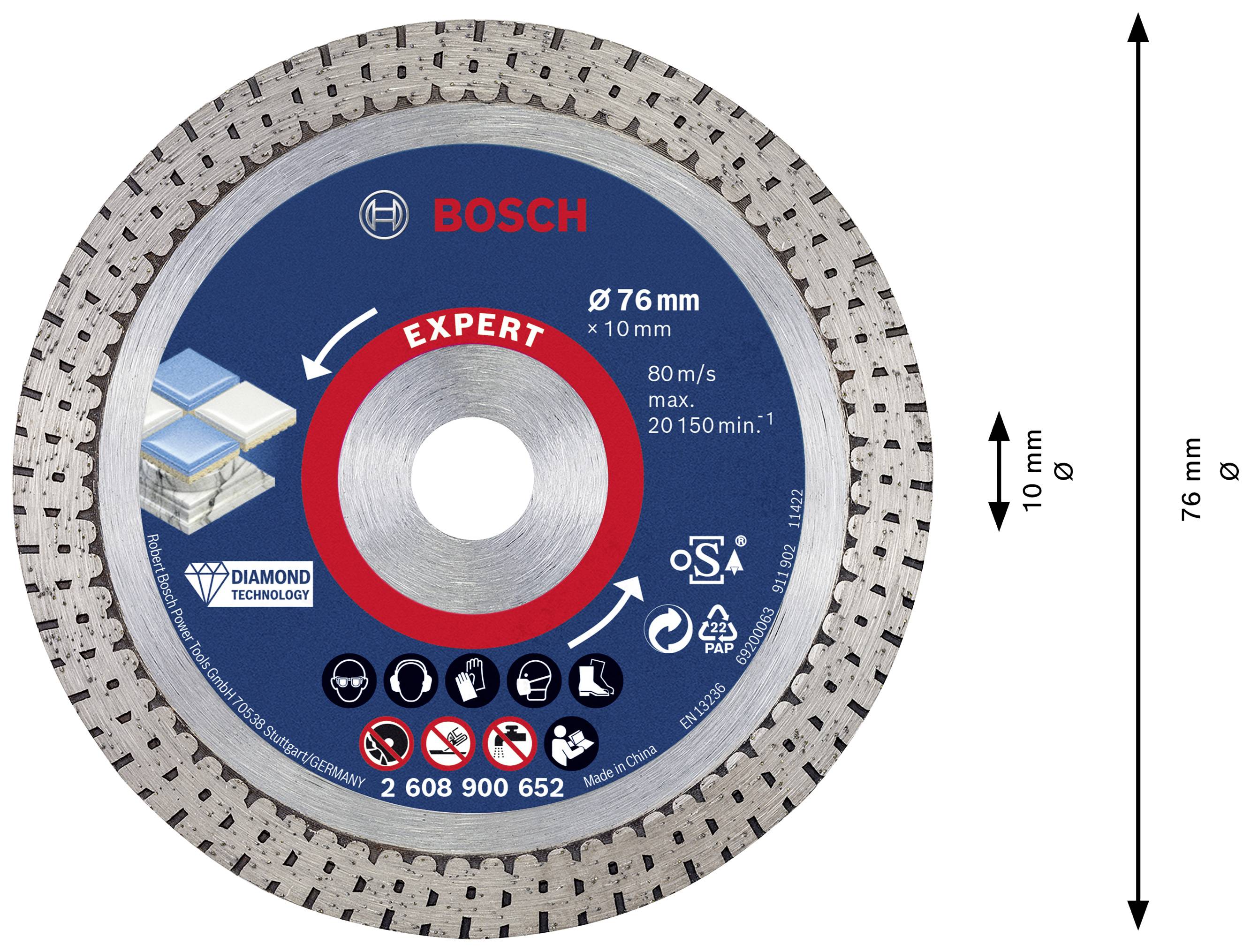 Diamanttrennscheibe von Bosch, Durchmesser: 76 mm, Dicke: 10 mm, für Fliesen. Maximale Geschwindigkeit: 80 m/s.