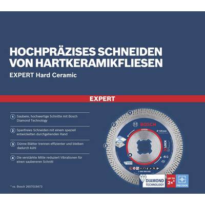 'Hochpräzises Schneiden von Hartkeramikfliesen' zeigt eine Trennscheibe, die präzise, saubere und vibrationsarme Schnitte ermöglicht.