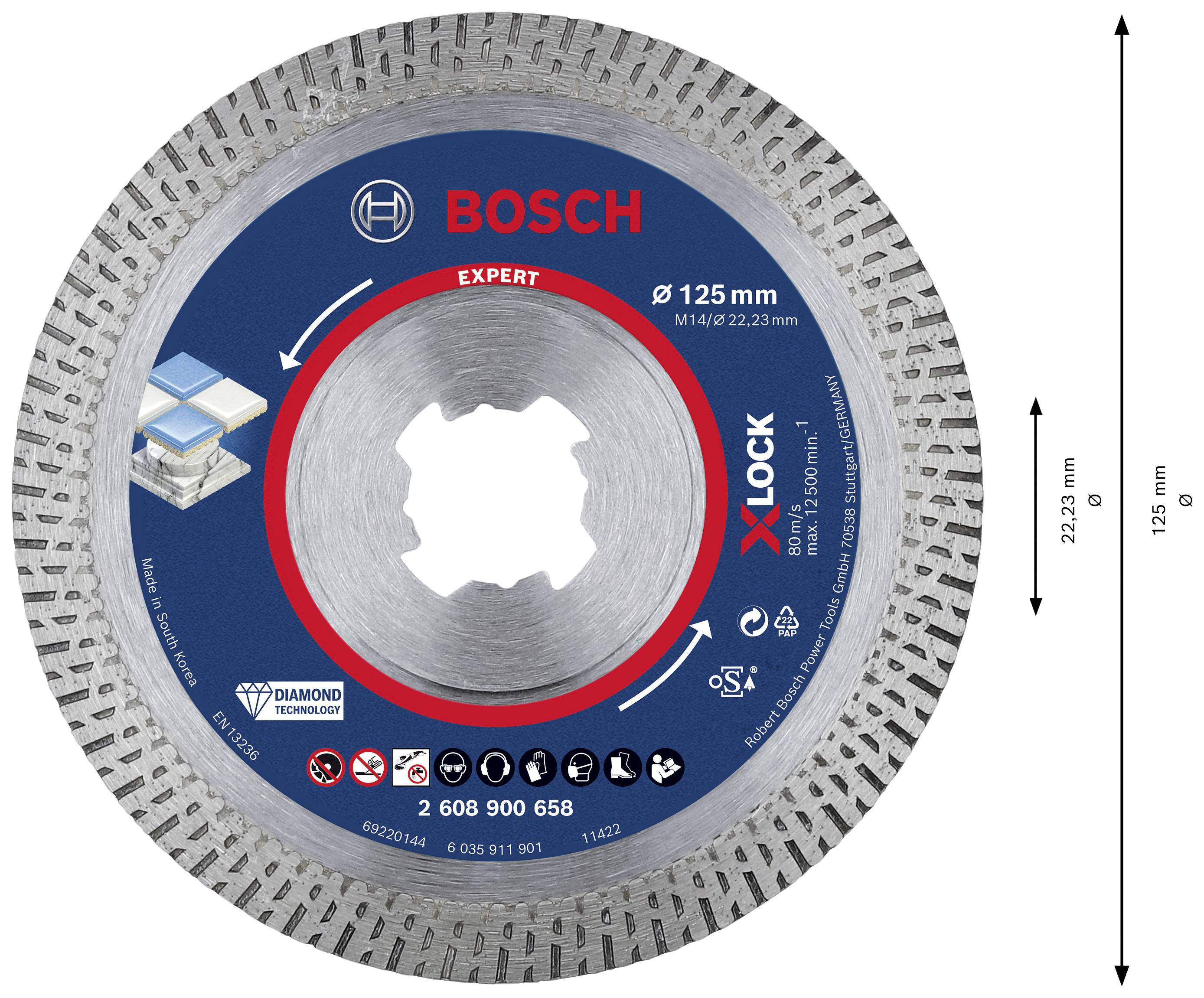 'Bosch X-Lock Diamantscheibe, 125 mm. Geeignet für Fliesen. Expert-Produktreihe. Entwickelt für hohe Präzision und lange Lebensdauer.'
