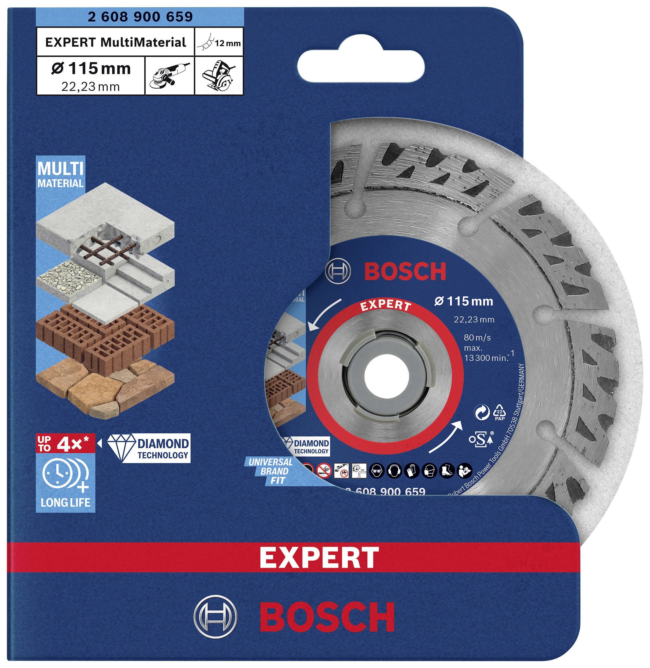 Bosch Diamantscheibe, 115 mm, für Multimaterialeinsatz, einschließlich Ziegel und Beton. Mit langer Lebensdauer und hoher Schnittleistung.