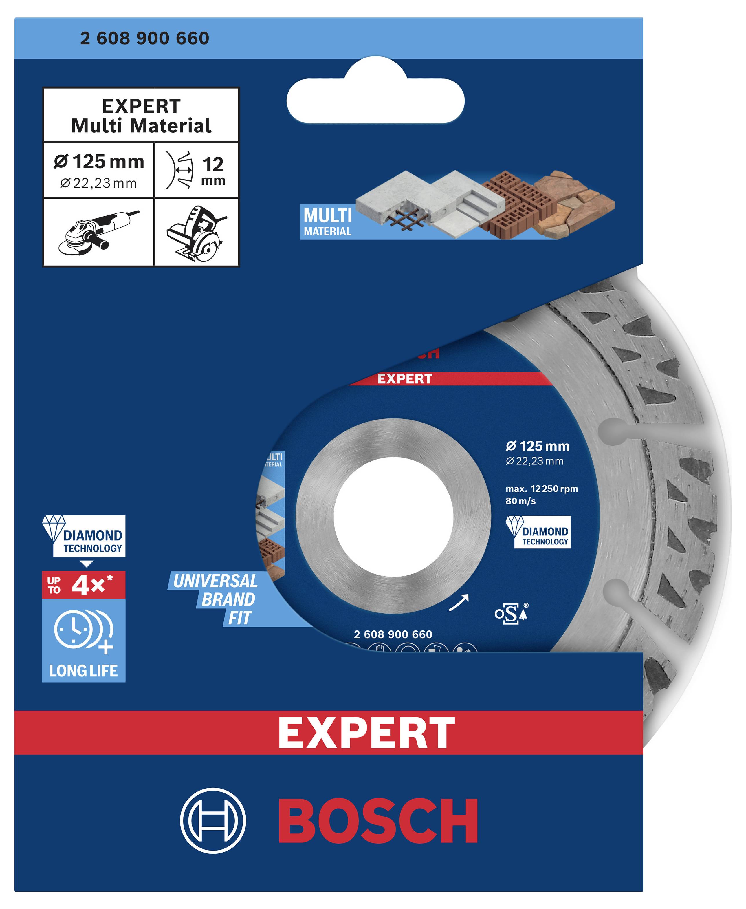 Verpackung für Bosch Expert Trennscheibe. Geeignet für Multi-Materialien. Durchmesser: 125 mm, Bohrung: 22,23 mm. Lange Lebensdauer.