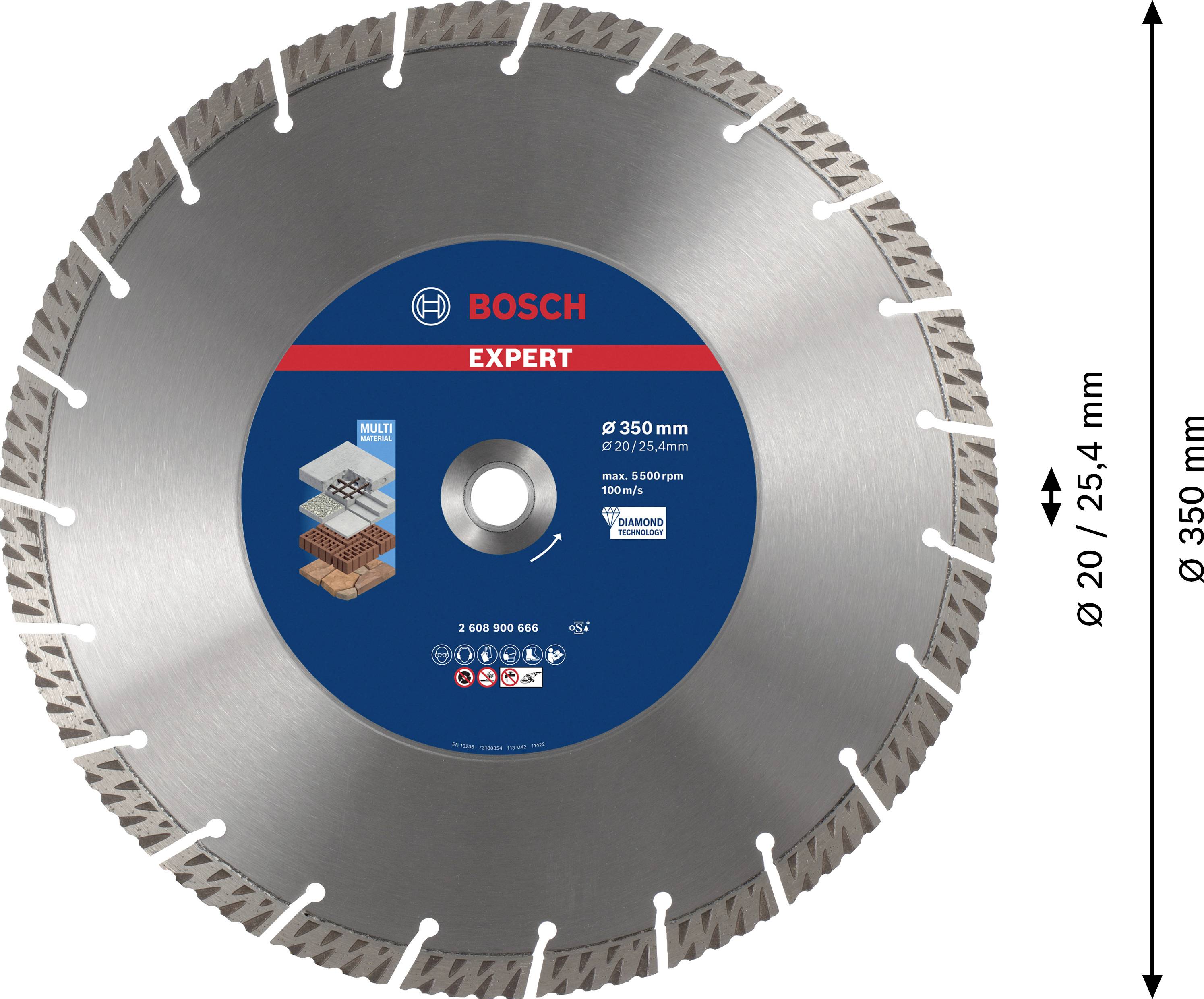 Eine Kreissäge von Bosch mit einem Durchmesser von 350 mm, geeignet für Beton- und Steinmaterialien. Maximale Drehzahl: 5.500 U/min.