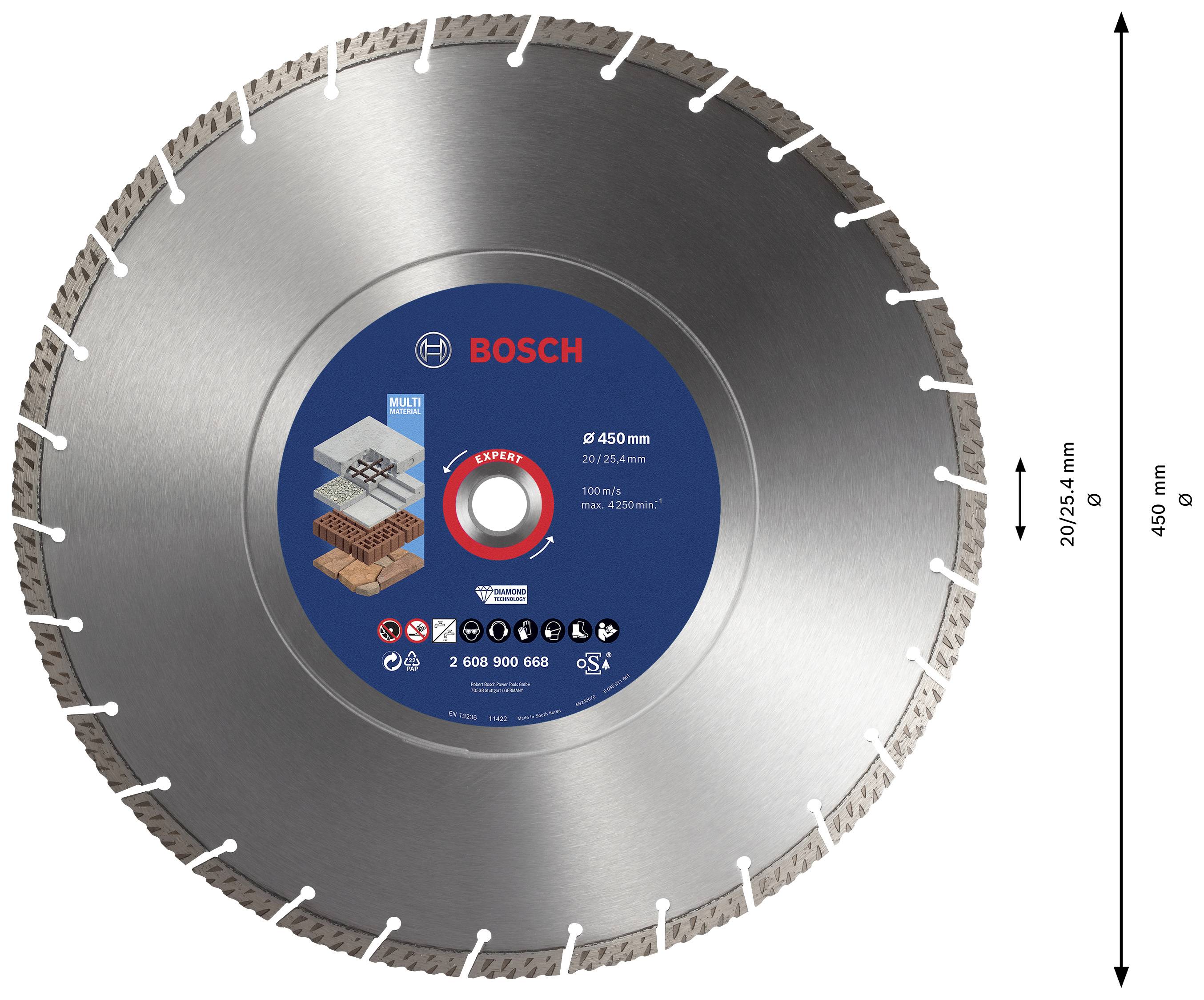 Diamanttrennscheibe von Bosch mit einem Durchmesser von 450 mm, geeignet für verschiedene Materialien wie Beton und Ziegel.