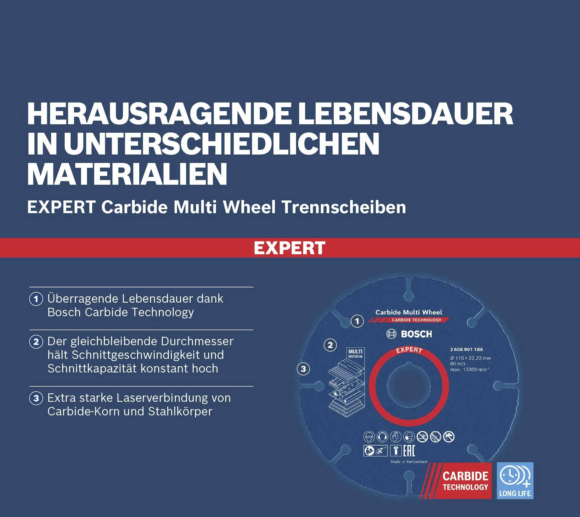 'Herausragende Lebensdauer in unterschiedlichen Materialien' - Expert Carbide Multi Wheel Trennscheiben mit Bosch-Technologie.