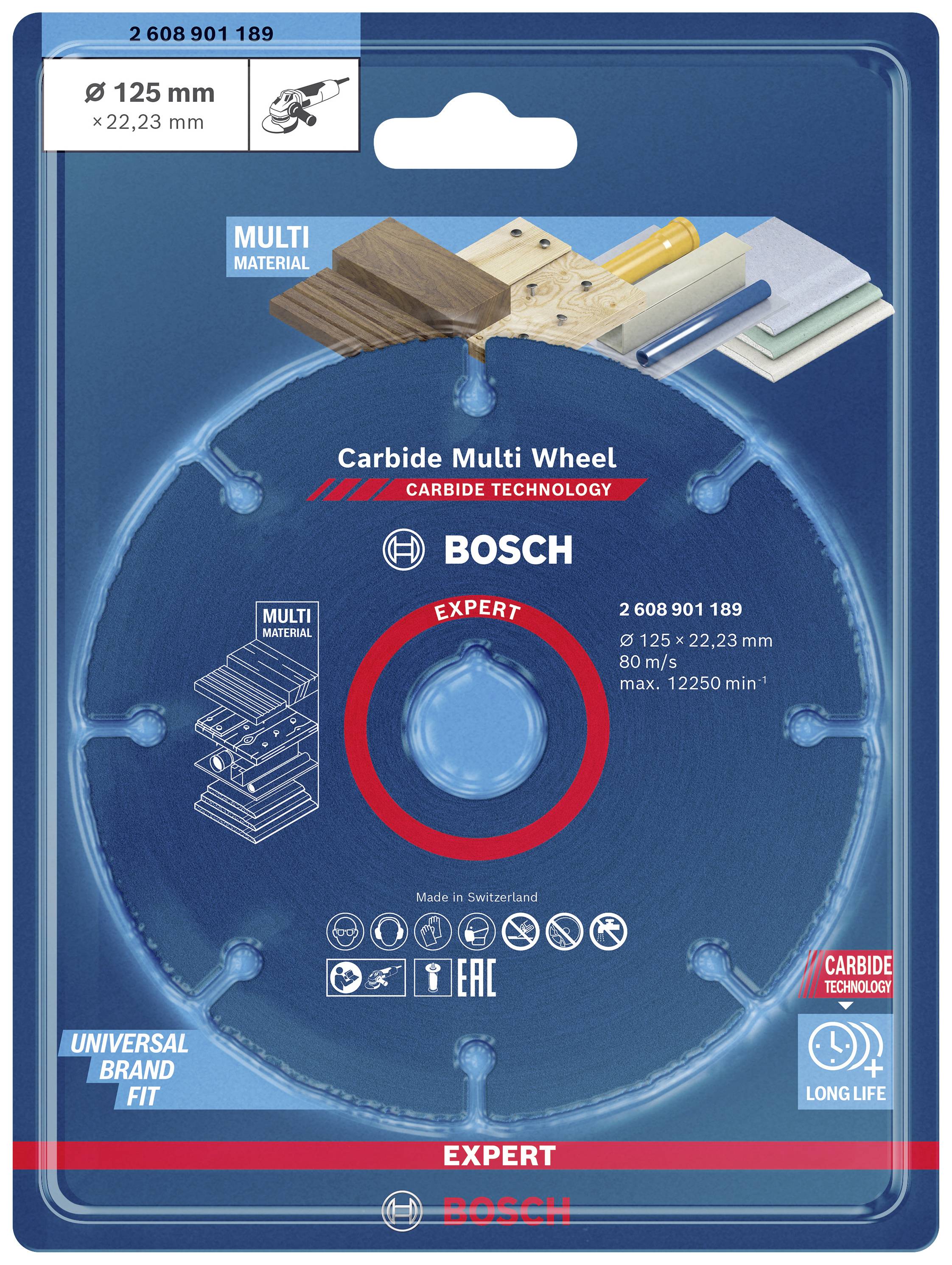 Bosch Schleifscheibe für Winkelschleifer, Durchmesser 125 mm, geeignet für verschiedene Materialien wie Holz und Kunststoff.