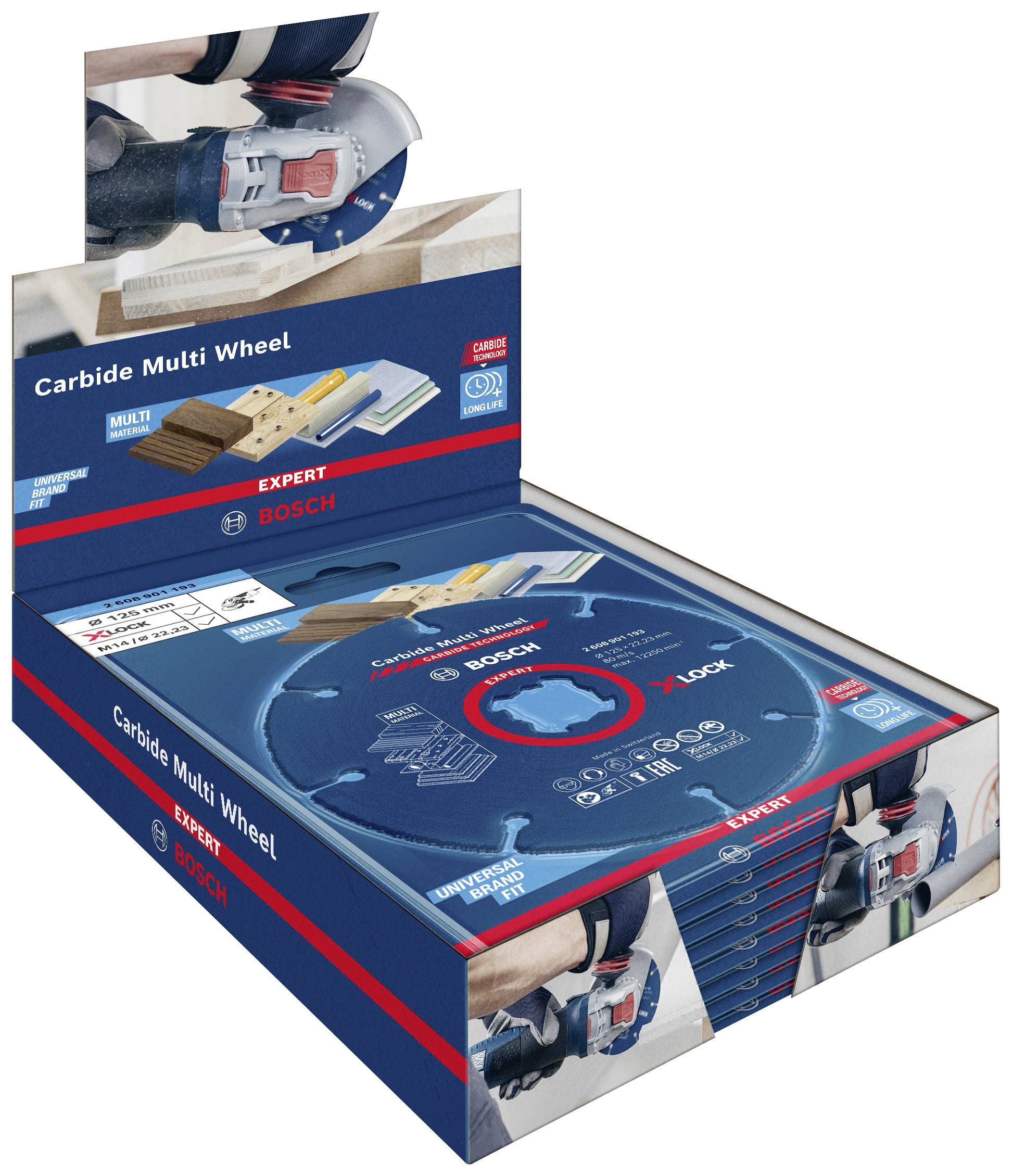 Verpackung für 'Carbide Multi Wheel' mit Bild eines Winkelschleifers und Sägeblatts, geeignet für diverse Materialien, von Bosch.